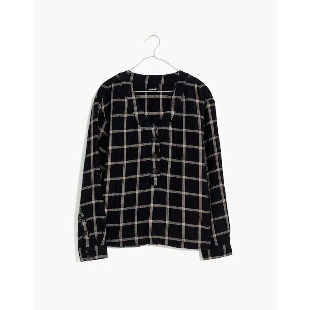 Madewell Black Plaid Double Gauze Henley V-Neck Top XS Windowpane Cotton Blouse